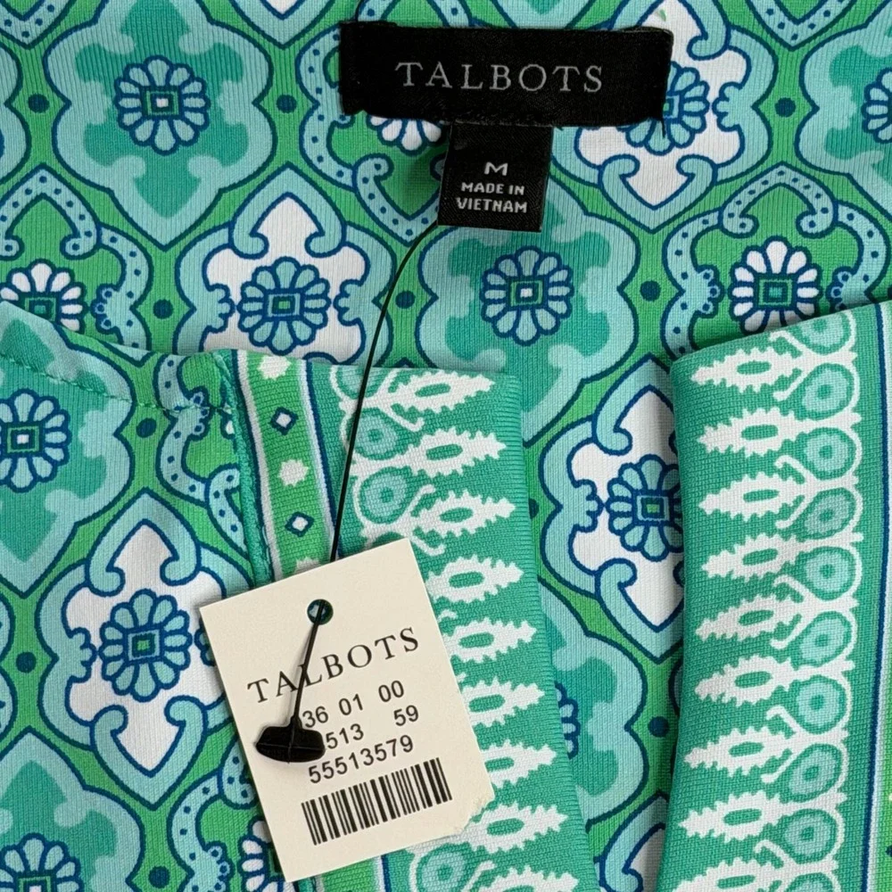 NWT Talbots Green/Blue Geometric Sleeveless Fit & Flare Dress Size Medium Career